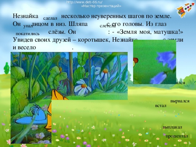 http://www.deti-66.ru/ « Мастер презентаций» Незнайка несколько неуверенных шагов по земле. Он лицом в низ. Шляпа с его головы. Из глаз  слёзы. Он : - «Земля моя, матушка!» Увидев своих друзей – коротышек, Незнайка с земли и весело . сделал упал слетела покатились засмеялся вырвался встал выплакал прошептал