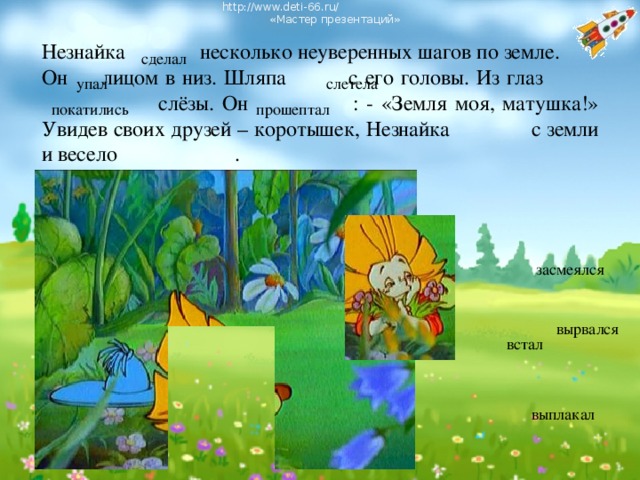 http://www.deti-66.ru/ « Мастер презентаций» Незнайка несколько неуверенных шагов по земле. Он лицом в низ. Шляпа с его головы. Из глаз  слёзы. Он : - «Земля моя, матушка!» Увидев своих друзей – коротышек, Незнайка с земли и весело . сделал упал слетела покатились прошептал засмеялся вырвался встал выплакал