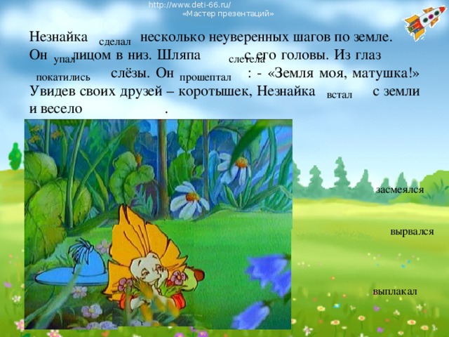 http://www.deti-66.ru/ « Мастер презентаций» Незнайка несколько неуверенных шагов по земле. Он лицом в низ. Шляпа с его головы. Из глаз  слёзы. Он : - «Земля моя, матушка!» Увидев своих друзей – коротышек, Незнайка с земли и весело . сделал упал слетела покатились прошептал  встал засмеялся вырвался выплакал