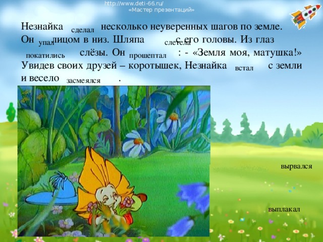 http://www.deti-66.ru/ « Мастер презентаций» Незнайка несколько неуверенных шагов по земле. Он лицом в низ. Шляпа с его головы. Из глаз  слёзы. Он : - «Земля моя, матушка!» Увидев своих друзей – коротышек, Незнайка с земли и весело . сделал упал слетела покатились прошептал  встал засмеялся вырвался выплакал