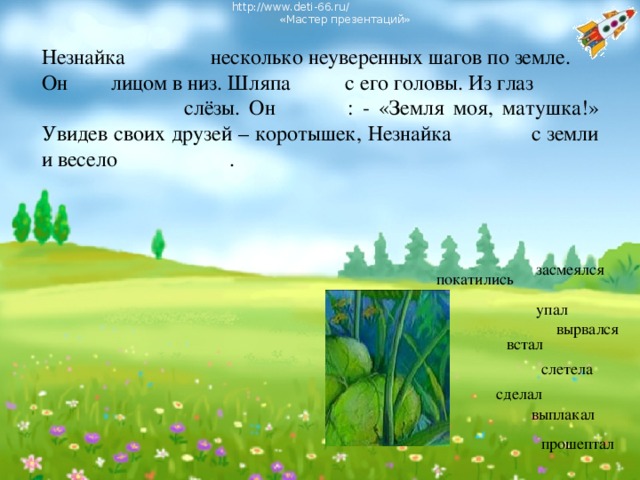 http://www.deti-66.ru/ « Мастер презентаций» Незнайка несколько неуверенных шагов по земле. Он лицом в низ. Шляпа с его головы. Из глаз   слёзы. Он : - «Земля моя, матушка!» Увидев своих друзей – коротышек, Незнайка с земли и весело . засмеялся покатились упал вырвался встал слетела сделал выплакал прошептал