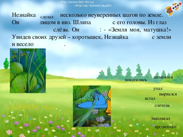 http://www.deti-66.ru/ « Мастер презентаций» Незнайка несколько неуверенных шагов по земле. Он лицом в низ. Шляпа с его головы. Из глаз   слёзы. Он : - «Земля моя, матушка!» Увидев своих друзей – коротышек, Незнайка с земли и весело . сделал засмеялся покатились упал вырвался встал слетела выплакал прошептал