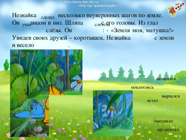 http://www.deti-66.ru/ « Мастер презентаций» Незнайка несколько неуверенных шагов по земле. Он лицом в низ. Шляпа с его головы. Из глаз  слёзы. Он : - «Земля моя, матушка!» Увидев своих друзей – коротышек, Незнайка с земли и весело . сделал упал слетела засмеялся покатились вырвался встал выплакал прошептал