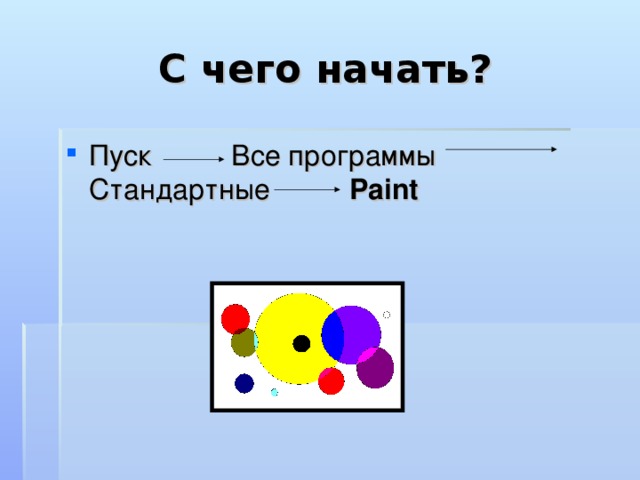 Пуск Все программы Стандартные Paint   