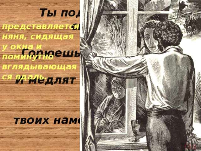 Ты под окном своей светлицы  Горюешь будто на часах,  И медлят поминутно спицы в  твоих наморщенных руках.  представляется няня, сидящая у окна и поминутно вглядывающаяся вдаль.