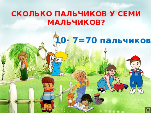 СКОЛЬКО ПАЛЬЧИКОВ У СЕМИ МАЛЬЧИКОВ? 10∙ 7=70 пальчиков 