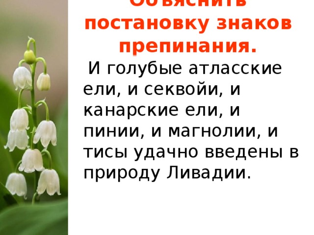 Объяснить постановку знаков препинания.  И голубые атласские ели, и секвойи, и канарские ели, и пинии, и магнолии, и тисы удачно введены в природу Ливадии.