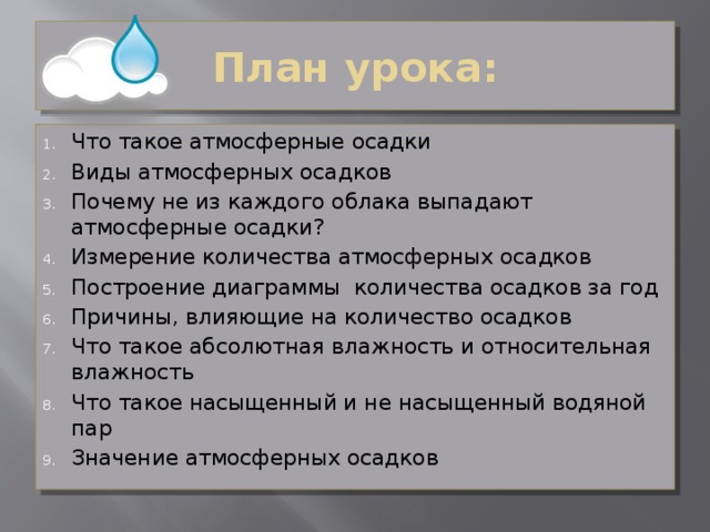 Водяной пар в атмосфере облака и атмосферные осадки 6 класс презентация