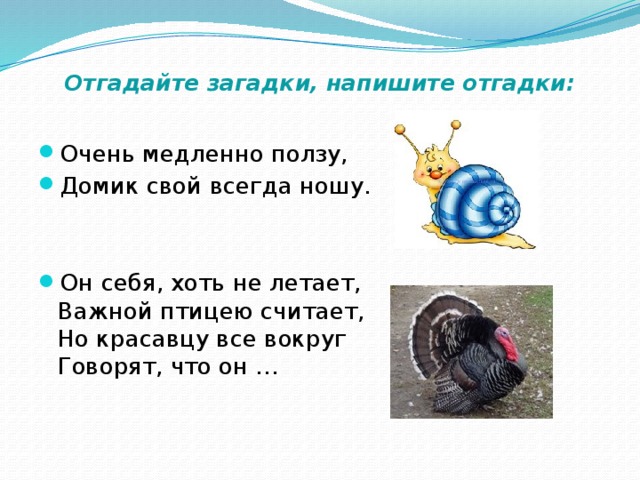 Отгадайте загадки, напишите отгадки: Очень медленно ползу, Домик свой всегда ношу. Он себя, хоть не летает,  Важной птицею считает,  Но красавцу все вокруг   Говорят, что он …  