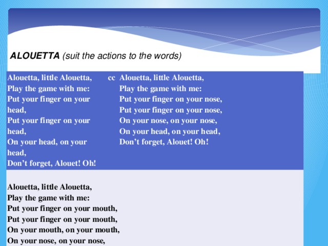 ALOUETTA (suit the actions to the words) Alouetta, little Alouetta,  Play the game with me:  Put your finger on your head,  Put your finger on your head,  On your head, on your head,  Don’t forget, Alouet! Oh! cc   Alouetta, little Alouetta,  Play the game with me:  Put your finger on your nose,  Put your finger on your nose,  On your nose, on your nose,  On your head, on your head,  Don’t forget, Alouet! Oh! Alouetta, little Alouetta,  Play the game with me:  Put your finger on your mouth,  Put your finger on your mouth,  On your mouth, on your mouth,  On your nose, on your nose,  On your head, on your head,  Don’t forget, Alouet! Oh!