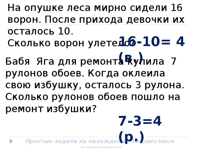 На опушке леса мирно сидели 16 ворон. После прихода девочки их осталось 10. Сколько ворон улетело? 16-10= 4 (в.) Бабя Яга для ремонта купила 7 рулонов обоев. Когда оклеила свою избушку, осталось 3 рулона. Сколько рулонов обоев пошло на ремонт избушки? 7-3=4 (р.) Простые задачи на нахождение неизвестного вычитаемого