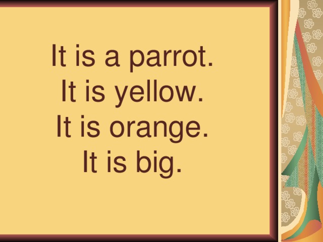 It is a parrot. It is yellow. It is orange. It is big. 