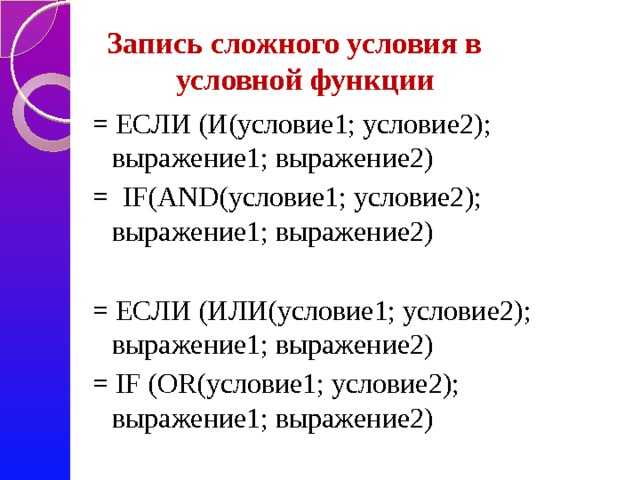 Запись сложного условия в  условной функции = ЕСЛИ (И(условие1; условие2); выражение1; выражение2) = IF(AND(условие1; условие2); выражение1; выражение2) = ЕСЛИ (ИЛИ(условие1; условие2); выражение1; выражение2) = IF (OR(условие1; условие2); выражение1; выражение2) 