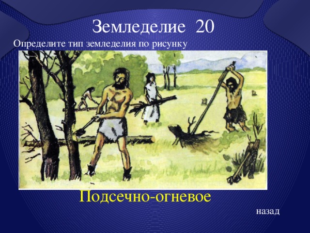 Земледелие 20 Определите тип земледелия по рисунку Подсечно-огневое назад 