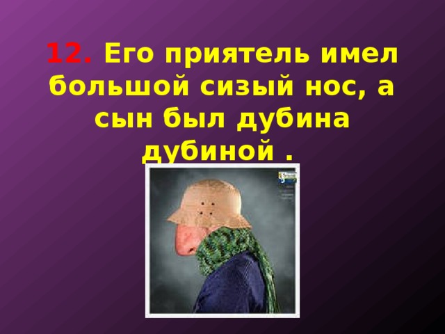 12. Его приятель имел большой сизый нос, а сын был дубина дубиной . 