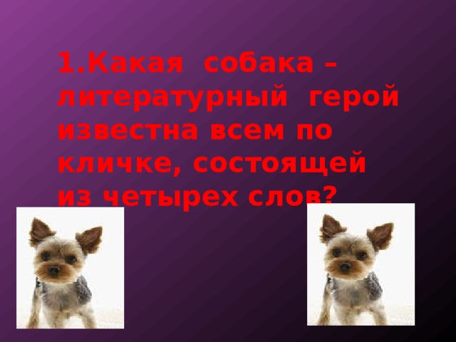 1.Какая собака – литературный герой известна всем по кличке, состоящей из четырех слов? 