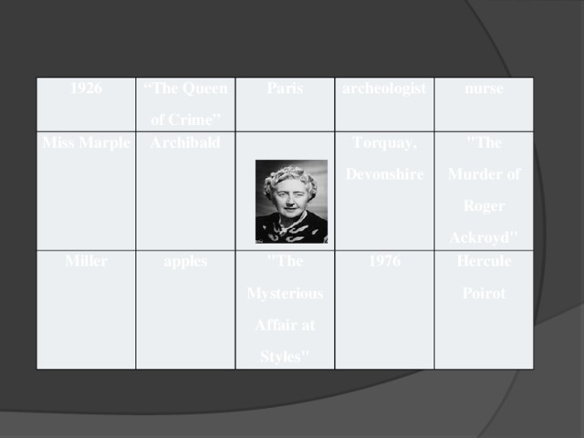 1926 “ The Queen of Crime” Miss Marple Paris Archibald Miller archeologist apples nurse Torquay, Devonshire 
