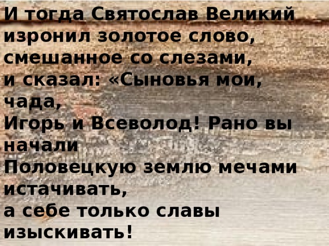 И тогда Святослав Великий   изронил золотое слово,  смешанное со слезами,   и сказал: «Сыновья мои, чада,  Игорь и Всеволод! Рано вы начали  Половецкую землю мечами истачивать,  а себе только славы изыскивать! «Слово о полку Игореве» 