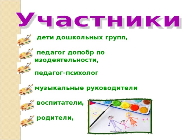    дети дошкольных групп,   педагог допобр по изодеятельности,  педагог-психолог  музыкальные руководители   воспитатели,   родители,   