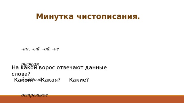 Минутка чистописания.    -ая, -ый, -ой, -ое  рыжая   длинный   остренькое На какой ворос отвечают данные слова? Какой? Какая? Какие? 