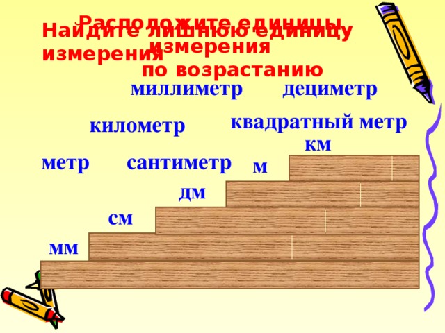 Расположите единицы измерения  по возрастанию Найдите лишнюю единицу измерения миллиметр дециметр квадратный метр километр км метр сантиметр м дм см мм 