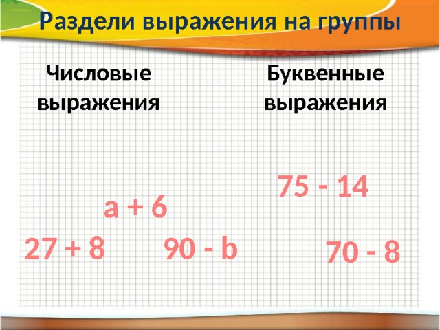 Раздели выражения на группы Числовые выражения Буквенные выражения 75 - 14 а + 6 90 - b 27 + 8 70 - 8 