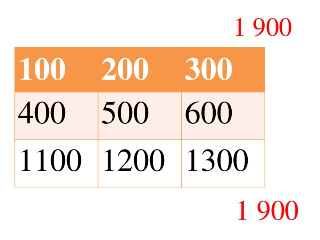 1 900 100 400 200 1100 500 300 1200 600 1300 1 900