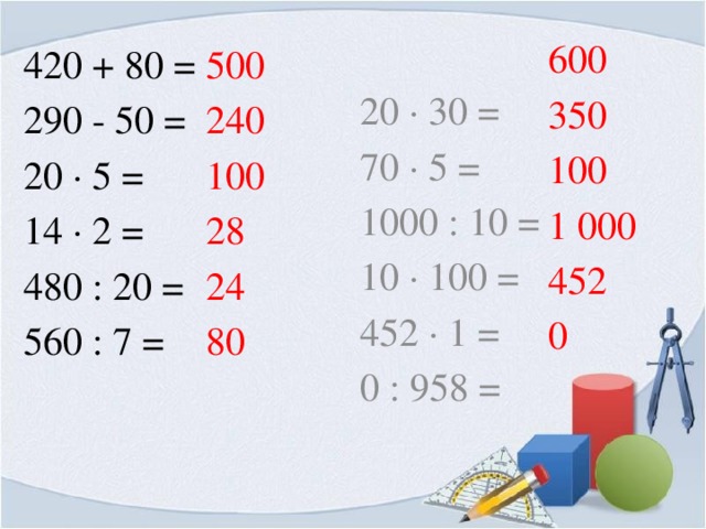 600 350 20 · 30 = 100 70 · 5 = 1 000 1000 : 10 = 452 10 · 100 = 452 · 1 = 0 0 : 958 = 500 420 + 80 = 240 290 - 50 = 100 28 20 · 5 = 24 14 · 2 = 480 : 20 = 80 560 : 7 =