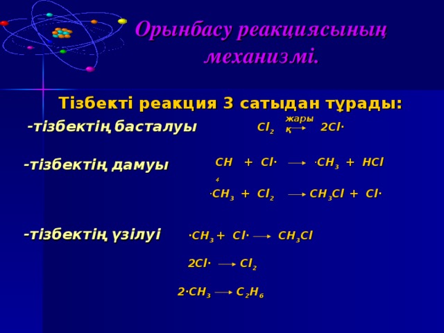 Орынбасу реакциясының механизмі. Тізбекті реакция 3 сатыдан тұрады:  жарық -тізбектің басталуы 2Cl· Cl 2 + · CH 3 HCl Cl· + CH 4 - тізбектің дамуы + Cl· · CH 3 + Cl 2 CH 3 Cl -тізбектің үзілуі ·CH 3 CH 3 Cl Cl· + 2Cl· Cl 2 2·CH 3 C 2 H 6  