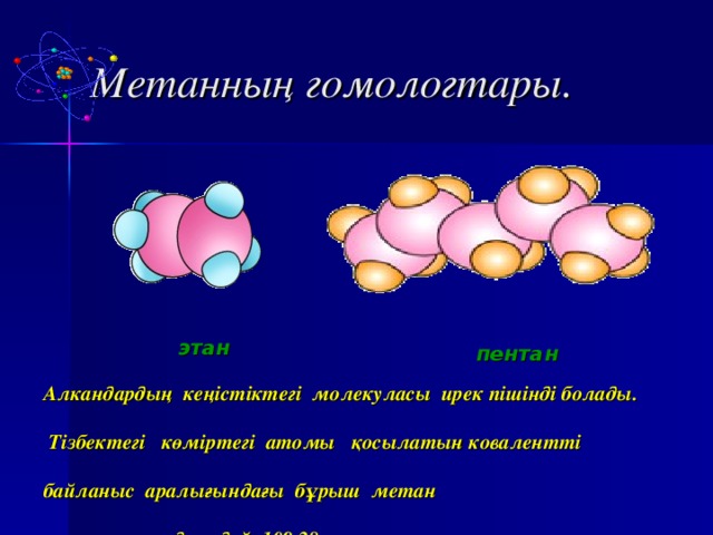 Метанның гомологтары. этан пентан Алкандардың кеңістіктегі молекуласы ирек пішінді болады. Тізбектегі көміртегі атомы қосылатын ковалентті байланыс аралығындағы бұрыш метан молекуласындағыдай 109,28 тең. 