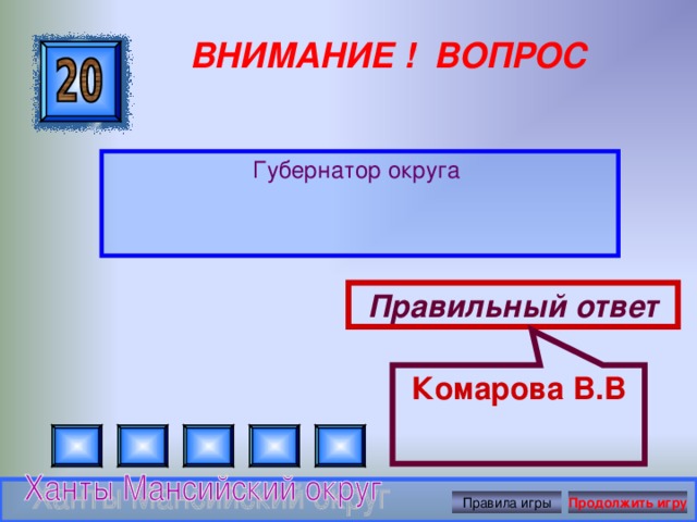 Комарова В.В ВНИМАНИЕ ! ВОПРОС Губернатор округа Правильный ответ Правила игры Продолжить игру 