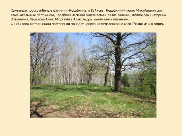 Самые распространённые фамилии- Кораблины и Байковы. Кораблин Михаил Михайлович был замечательным плотником, Кораблин Василий Михайлович- валял валенки, Колобкова Екатерина Ильинична, Чуракова Анна, Моргачёва Александра занимались вязанием.  С 1974 года жители стали постепенно покидать деревню переселяясь в село Тёплое или в город. 