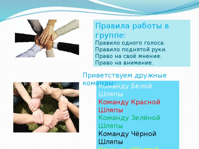 Правила работы в группе: Правило одного голоса. Правило поднятой руки. Право на своё мнение. Право на внимание. Приветствуем дружные команды: Команду Белой Шляпы Команду Красной Шляпы Команду Зелёной Шляпы Команду Чёрной Шляпы Команду Жёлтой Шляпы Команду Синей Шляпы