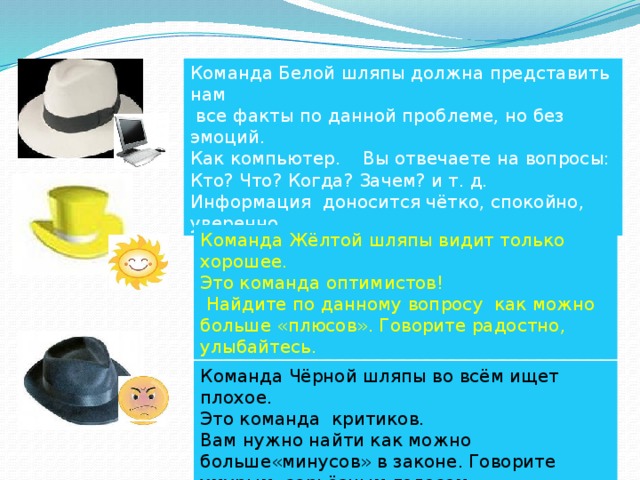 Команда Белой шляпы должна представить нам  все факты по данной проблеме, но без эмоций. Как компьютер. Вы отвечаете на вопросы: Кто? Что? Когда? Зачем? и т. д. Информация доносится чётко, спокойно, уверенно. Команда Жёлтой шляпы видит только хорошее. Это команда оптимистов!  Найдите по данному вопросу как можно больше «плюсов». Говорите радостно, улыбайтесь. Команда Чёрной шляпы во всём ищет плохое. Это команда критиков. Вам нужно найти как можно больше«минусов» в законе. Говорите хмурым, серьёзным голосом, не улыбайтесь.