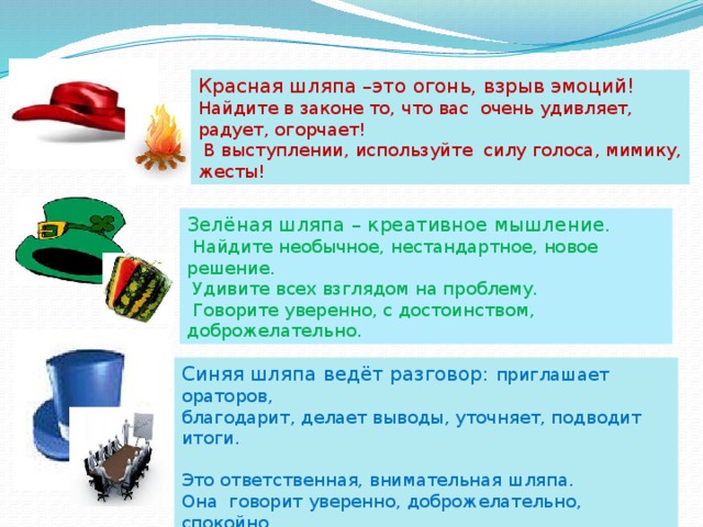 Красная шляпа –это огонь, взрыв эмоций! Найдите в законе то, что вас очень удивляет, радует, огорчает!  В выступлении, используйте силу голоса, мимику, жесты! Зелёная шляпа – креативное мышление.  Найдите необычное, нестандартное, новое решение.  Удивите всех взглядом на проблему.  Говорите уверенно, с достоинством, доброжелательно. Синяя шляпа ведёт разговор: приглашает ораторов, благодарит, делает выводы, уточняет, подводит итоги. Это ответственная, внимательная шляпа. Она говорит уверенно, доброжелательно, спокойно.