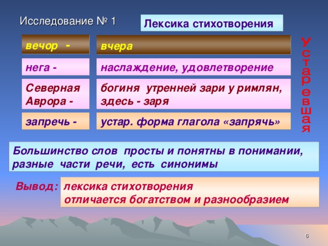 Исследование № 1 Лексика стихотворения вечор -  вчера  нега - наслаждение, удовлетворение Северная Аврора - богиня утренней зари у римлян, здесь - заря запречь -  устар. форма глагола «запрячь» Большинство слов просты и понятны в понимании, разные части речи, есть синонимы лексика стихотворения отличается богатством и разнообразием Вывод:  