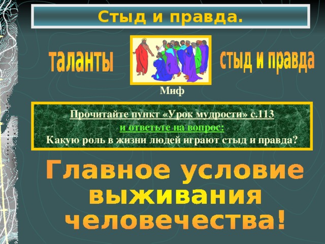 Стыд и правда. Миф Прочитайте пункт «Урок мудрости» с.113 и ответьте на вопрос: Какую роль в жизни людей играют стыд и правда?
