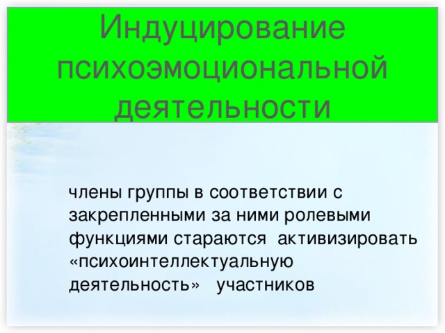 Индуцирование психоэмоциональной деятельности  члены группы в соответствии с закрепленными за ними ролевыми функциями стараются активизировать «психоинтеллектуальную деятельность» участников 