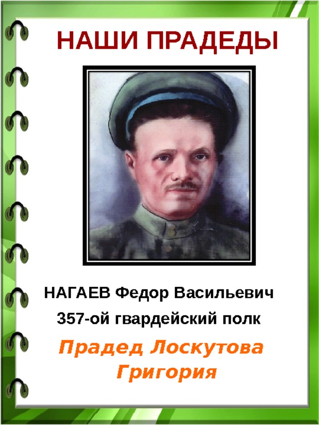 НАШИ ПРАДЕДЫ НАГАЕВ Федор Васильевич 357-ой гвардейский полк  Прадед Лоскутова Григория 