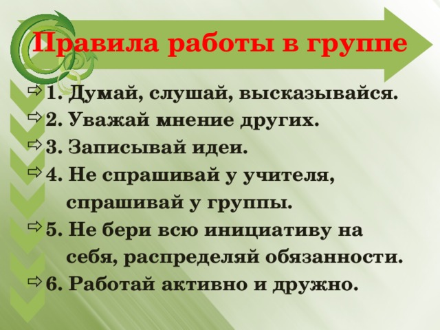 Правила работы в группе 1. Думай, слушай, высказывайся. 2. Уважай мнение других. 3. Записывай идеи. 4. Не спрашивай у учителя,  спрашивай у группы. 5. Не бери всю инициативу на  себя, распределяй обязанности. 6. Работай активно и дружно. 