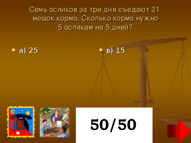 Семь осликов за три дня съедают 21  мешок корма. Сколько корма нужно  5 осликам на 5 дней?