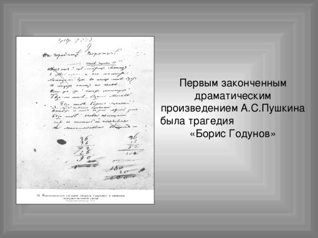 Первым законченным драматическим произведением А.С.Пушкина была трагедия «Борис Годунов» 