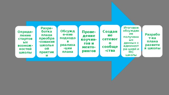 Создание сетевого сообще-ства Обсужде-ние подходов реализа-ции плана Прове-дение коучин-гов и менто-рингов Итоговое обсуждение полученных данных с администра-цией и МС школы Разработ-ка плана развития школы Разра-ботка плана преобра-зования школьной практики Опреде-ление стартовых возмож-ностей школы 