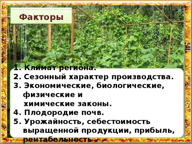 Факторы   1. Климат региона. 2. Сезонный характер производства. 3. Экономические, биологические, физические и  химические законы. 4. Плодородие почв. 5. Урожайность, себестоимость выращенной продукции, прибыль, рентабельность .   