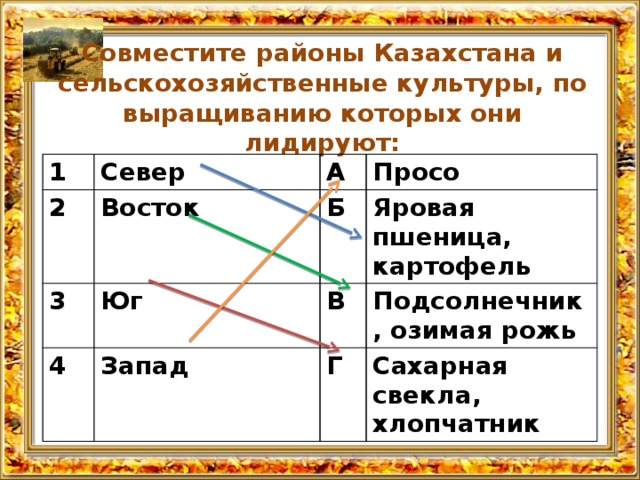 Совместите районы Казахстана и сельскохозяйствен­ные культуры, по выращиванию которых они лидируют:   1 Север 2 Восток 3 А 4 Юг Б Просо Яровая пшеница, картофель Запад В Подсолнечник, озимая рожь Г Сахарная свекла, хлопчатник 