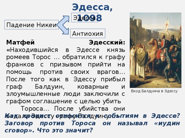 Эдесса, 1098  Эдесса Падение Никеи Антиохия Матфей Эдесский: «Находившийся в Эдессе князь ромеев Торос … обратился к графу франков с призывом прийти на помощь против своих врагов… После того как в Эдессу прибыл граф Балдуин, коварные и злоумышленные люди заключили с графом соглашение с целью убить Тороса… После убийства они отдали Эдессу графу Балдуину…» Вход Балдуина в Эдессу Как хронист относится к событиям в Эдессе? Заговор против Тороса он называл «иудин сговор». Что это значит? 