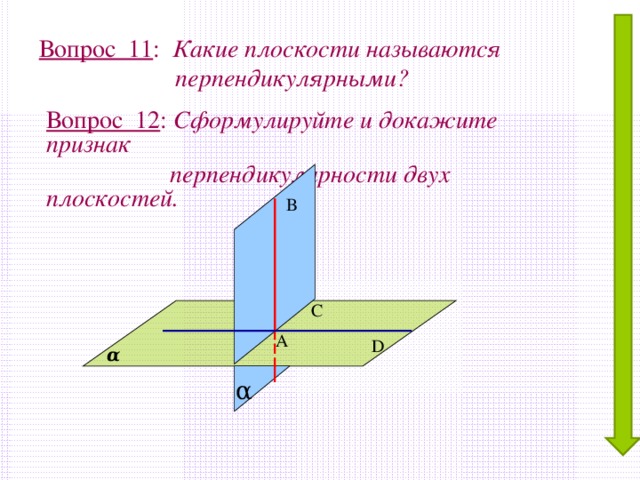 Вопрос 11 : Какие плоскости называются  перпендикулярными? Вопрос 12 : Сформулируйте и докажите признак  перпендикулярности двух плоскостей. В С А D α α 