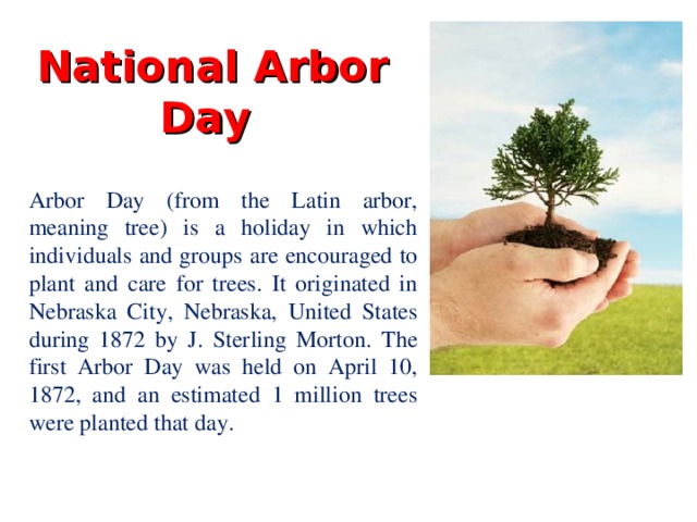 National Arbor Day Arbor Day (from the Latin arbor, meaning tree) is a holiday in which individuals and groups are encouraged to plant and care for trees. It originated in Nebraska City, Nebraska, United States during 1872 by J. Sterling Morton. The first Arbor Day was held on April 10, 1872, and an estimated 1 million trees were planted that day.