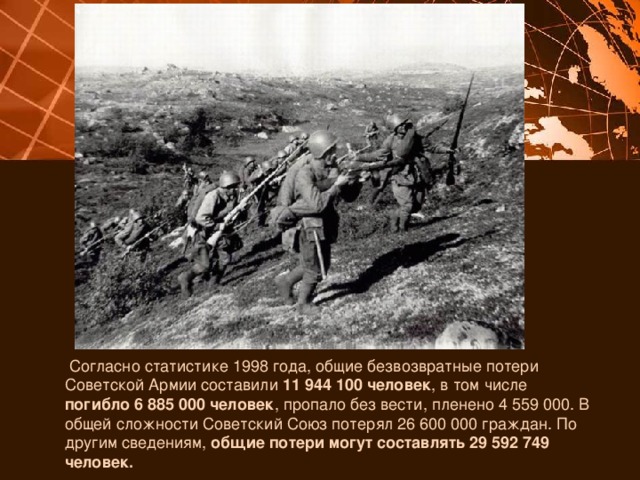  Согласно статистике 1998 года, общие безвозвратные потери Советской Армии составили 11 944 100 человек , в том числе погибло 6 885 000 человек , пропало без вести, пленено 4 559 000. В общей сложности Советский Союз потерял 26 600 000 граждан. По другим сведениям, общие потери могут составлять 29 592 749 человек. 