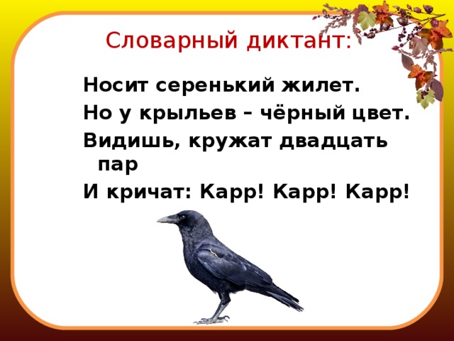 Словарный диктант: Носит серенький жилет. Но у крыльев – чёрный цвет. Видишь, кружат двадцать пар И кричат: Карр! Карр! Карр! 